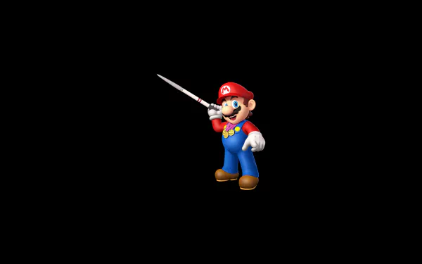 HD PC desktop wallpaper of Mario from Mario & Sonic at the Olympic Games, centered on a black background, wearing overalls and cap and holding a fencing sword.