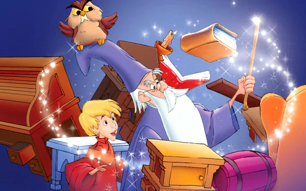 HD PC desktop wallpaper from the movie The Sword in the Stone featuring Merlin, wart, Archimedes, and magical books in a vibrant, enchanted setting.