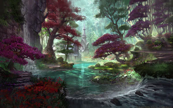 A stunning HD wallpaper from The Elder Scrolls Online, featuring a vibrant, lush landscape with colorful trees and a serene waterway, embodying the game's immersive fantasy world.