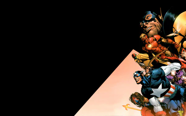 HD PC desktop wallpaper featuring Marvel Comics Avengers characters including Vision, Scarlet Witch, She-Hulk, Captain America, and Iron Man against a black and peach background.