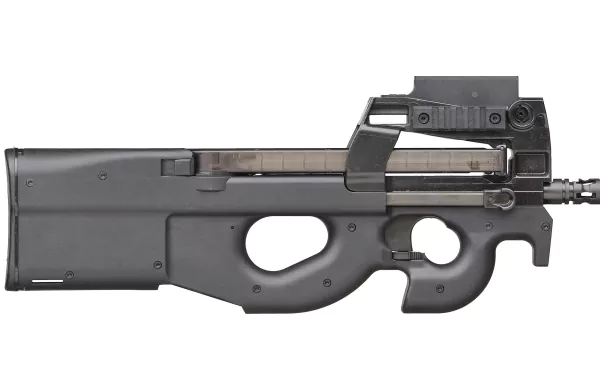 HD PC desktop wallpaper featuring a detailed side view of the man-made FN P90 submachine gun against a white background.