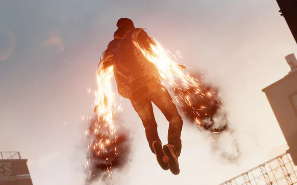 HD wallpaper from inFAMOUS: Second Son featuring a character soaring through the air with fiery powers.