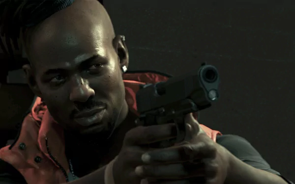 HD PC desktop wallpaper featuring a close-up of a character from the video game Watch Dogs aiming a handgun.