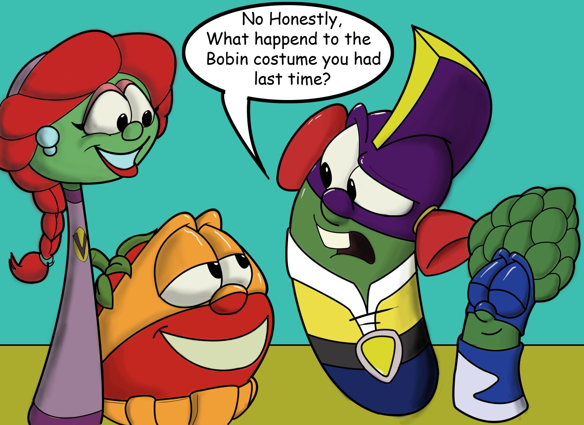 VeggieTales TV show 2K Quad HD PC desktop wallpaper and background: three colorful VeggieTales characters chatting against a teal backdrop, one with a speech bubble.