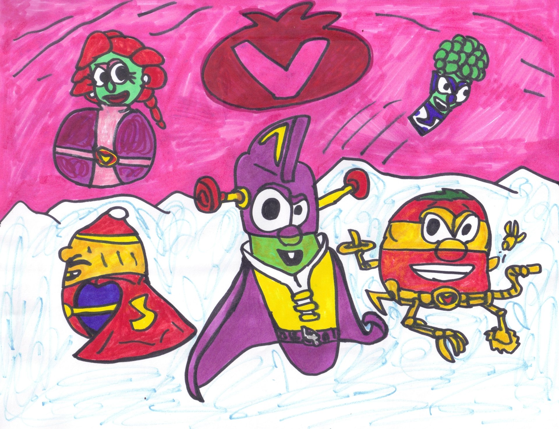 VeggieTales TV show 2K Quad HD PC desktop wallpaper/background showing colorful superhero vegetable characters in capes posed over snowy hills beneath a bright pink sky.