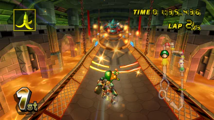 HD PC desktop wallpaper featuring intense action from Mario Kart Wii, showcasing a racer in first place navigating a fiery, lava-filled track.