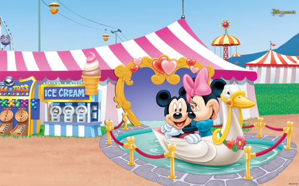 Mickey and Minnie Mouse enjoy a whimsical moment on a swan ride at a colorful carnival, surrounded by ice cream stands and festive tents in this Disney-themed HD wallpaper.