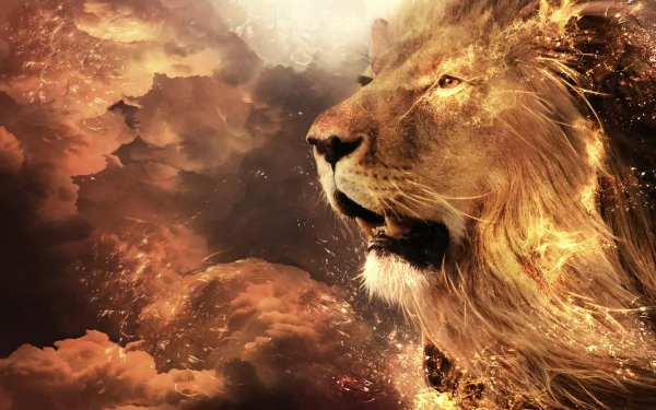HD wallpaper featuring a majestic lion immersed in a luminous, cloud-like environment, portraying a powerful and ethereal scene.