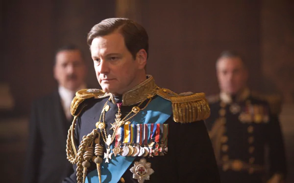 HD desktop wallpaper featuring Colin Firth as King George VI from the movie The King's Speech, dressed in a decorated military uniform.
