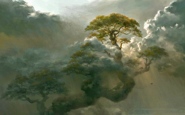 HD desktop wallpaper featuring a fantastical landscape with majestic trees surrounded by ethereal clouds.