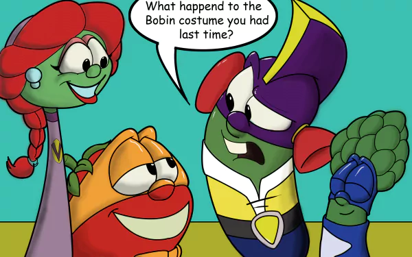 VeggieTales TV show 2K Quad HD PC desktop wallpaper and background: three colorful VeggieTales characters chatting against a teal backdrop, one with a speech bubble.