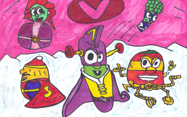 VeggieTales TV show 2K Quad HD PC desktop wallpaper/background showing colorful superhero vegetable characters in capes posed over snowy hills beneath a bright pink sky.