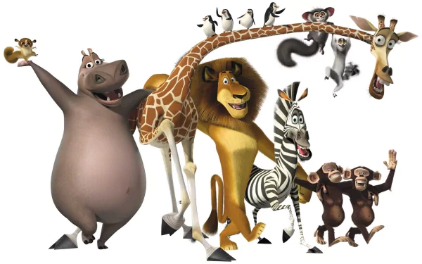 Colorful HD wallpaper featuring characters from the movie Madagascar, including a lion, zebra, giraffe, hippo, and monkeys, showcasing their playful and adventurous spirit.