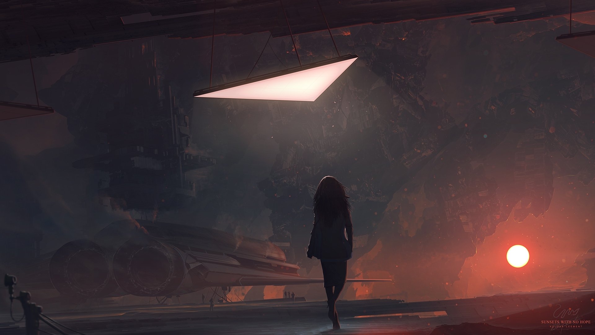 HD PC desktop wallpaper depicting a sci-fi scene with a silhouetted figure approaching an illuminated spaceship against a dark, atmospheric backdrop with a glowing orb.