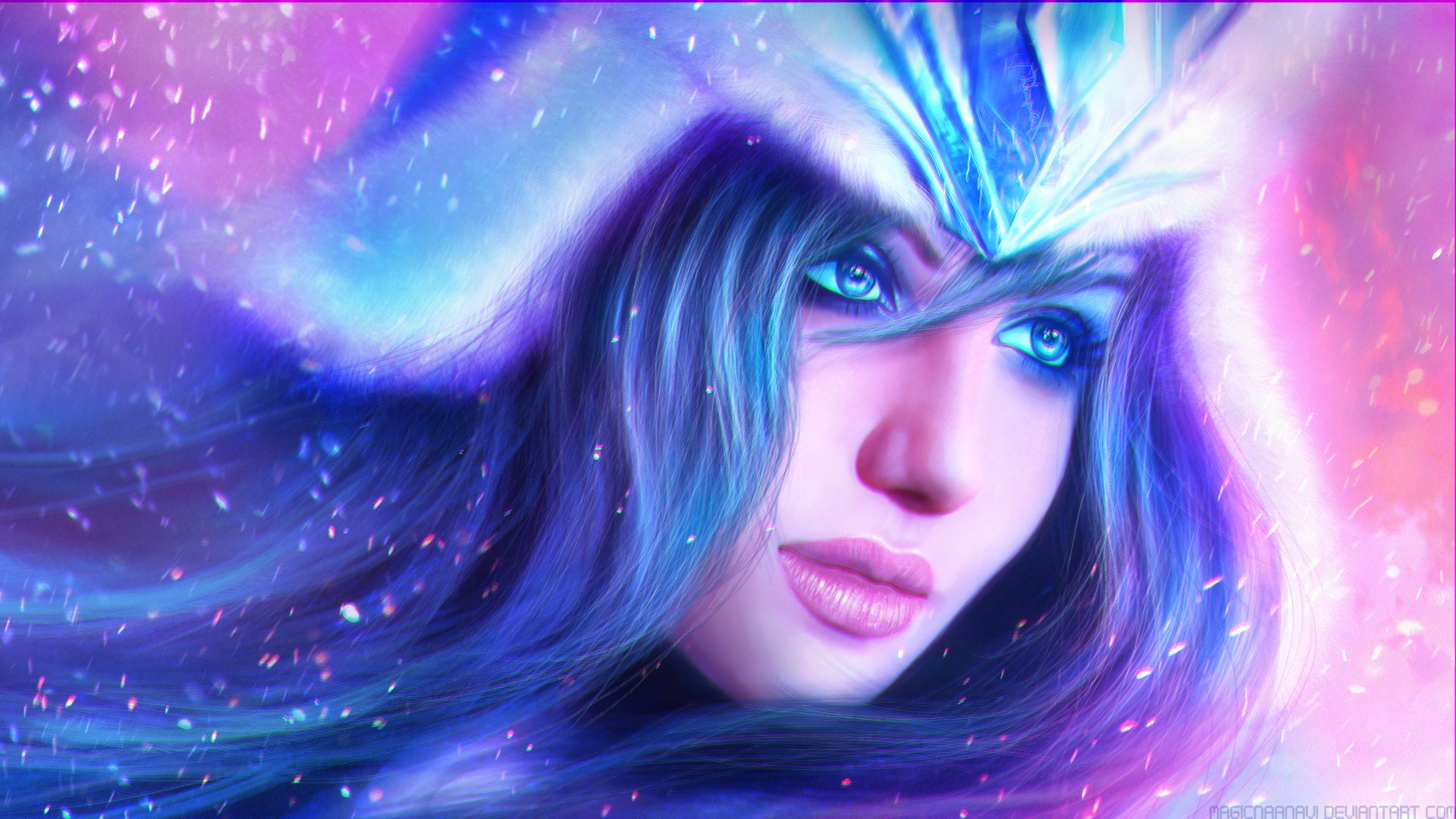 HD PC desktop wallpaper featuring Sivir from the video game League of Legends, showcasing her detailed face with glowing blue eyes and a mystical, vibrant background.