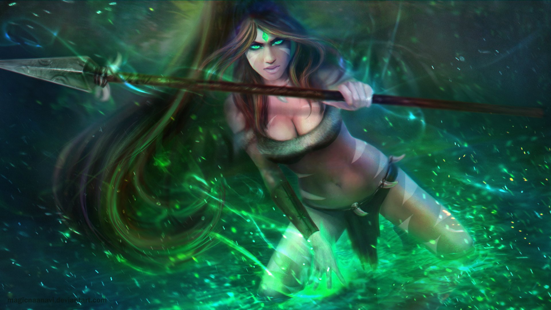 HD PC desktop wallpaper featuring Nidalee from League of Legends, depicted in a dynamic pose with glowing green energy and a spear in a dark, mystical environment.
