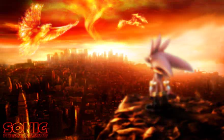 A dramatic HD wallpaper featuring Silver the Hedgehog from the video game Sonic the Hedgehog (2006), overlooking a fiery cityscape under a vibrant sky.