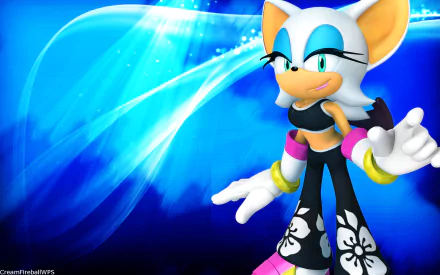 HD PC desktop wallpaper featuring Rouge the Bat from the video game Sonic Free Riders, posing confidently against bright blue abstract light swirls on a deep blue background.
