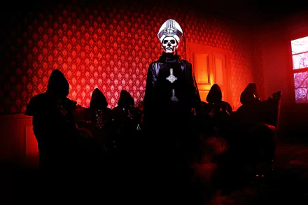 A haunting HD wallpaper featuring Ghost B.C. with a skeletal figure in a papal outfit surrounded by shadowy figures, set against a dramatic red backdrop.