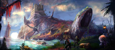 A fantasy HD PC desktop wallpaper depicting a massive, whale-shaped island with a castle on its back, surrounded by adventurers and a glowing sky.