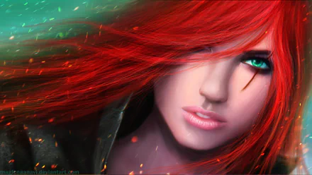 HD desktop wallpaper featuring Katarina from League of Legends, a striking Noxus champion with flowing red hair and intense green eyes.