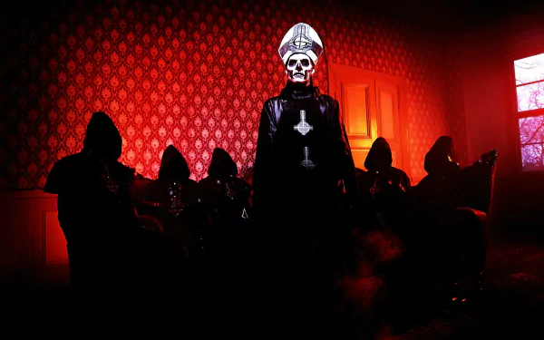 A haunting HD wallpaper featuring Ghost B.C. with a skeletal figure in a papal outfit surrounded by shadowy figures, set against a dramatic red backdrop.