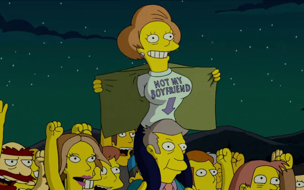 HD PC desktop wallpaper featuring a scene from The Simpsons Movie with a character revealing a Not My Boyfriend shirt amidst a crowd at night.