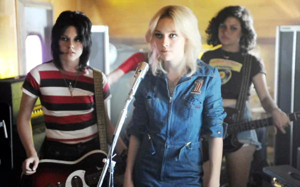 HD desktop wallpaper featuring Kristen Stewart and Dakota Fanning from the movie The Runaways, showcasing a raw, vintage rock band scene.