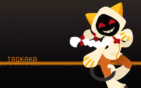 Taokaka (BlazBlue) in a cheerful, stylized anime pose with hood, cat-like tail and orange accents on a dark gradient; 2K Quad HD PC desktop wallpaper/background.