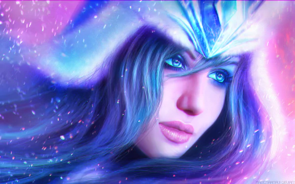 HD PC desktop wallpaper featuring Sivir from the video game League of Legends, showcasing her detailed face with glowing blue eyes and a mystical, vibrant background.