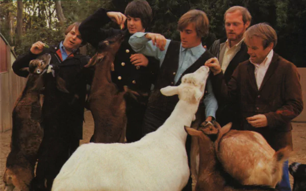 HD desktop wallpaper featuring The Beach Boys interacting with goats outdoors, capturing a casual and playful music-themed moment.