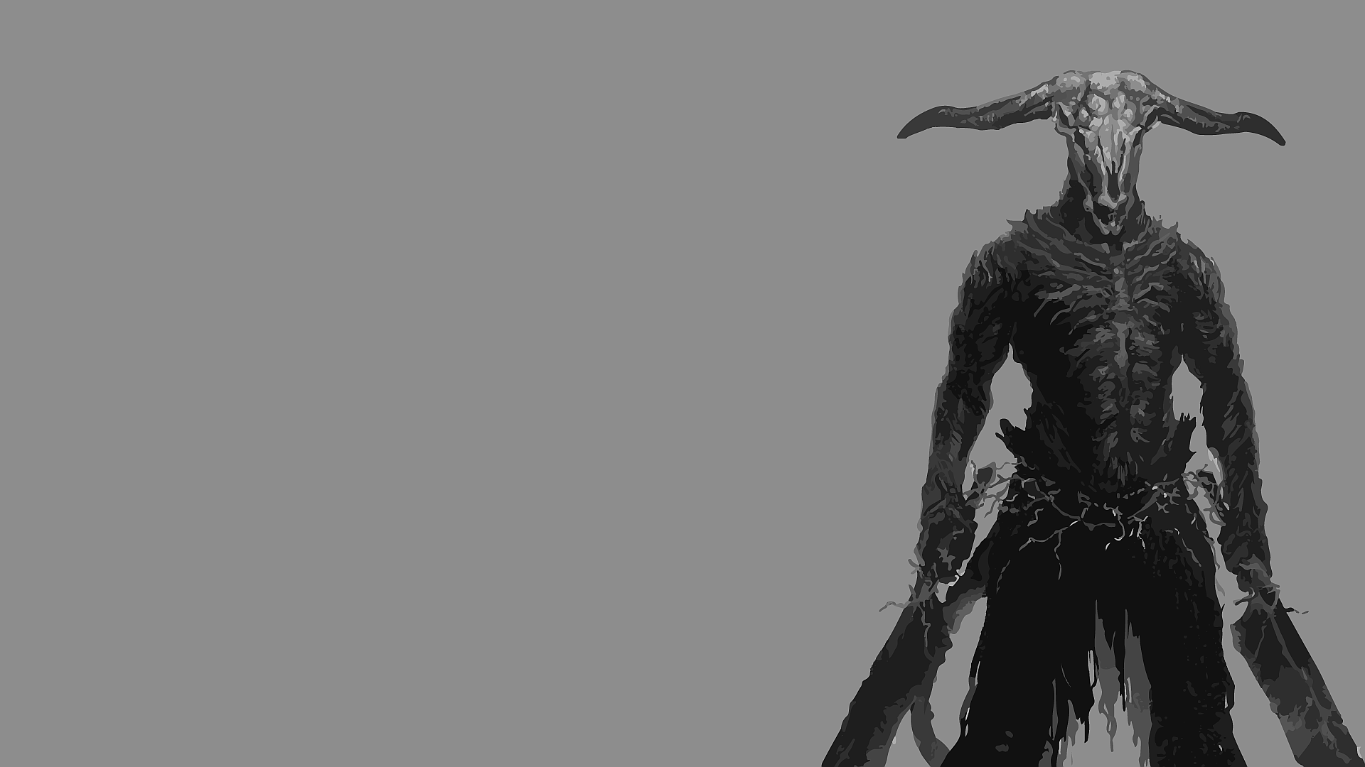 HD PC desktop wallpaper featuring the Capra Demon from the video game Dark Souls, depicted in a dark, ominous style against a minimalist gray background.