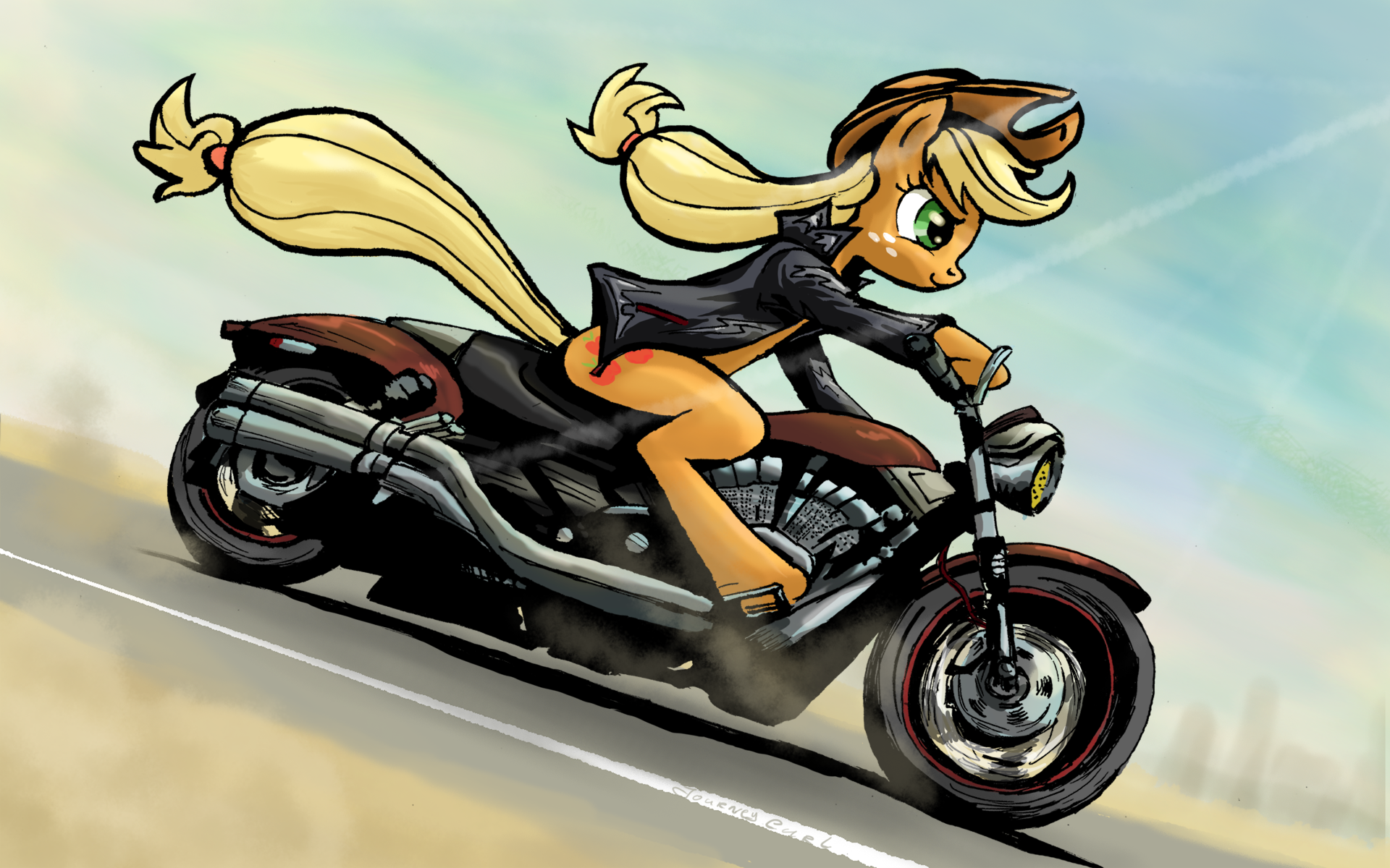 HD PC desktop wallpaper of Applejack (My Little Pony) from the TV show My Little Pony: Friendship Is Magic — jacketed and hat-wearing, riding a motorcycle down a blurred road.