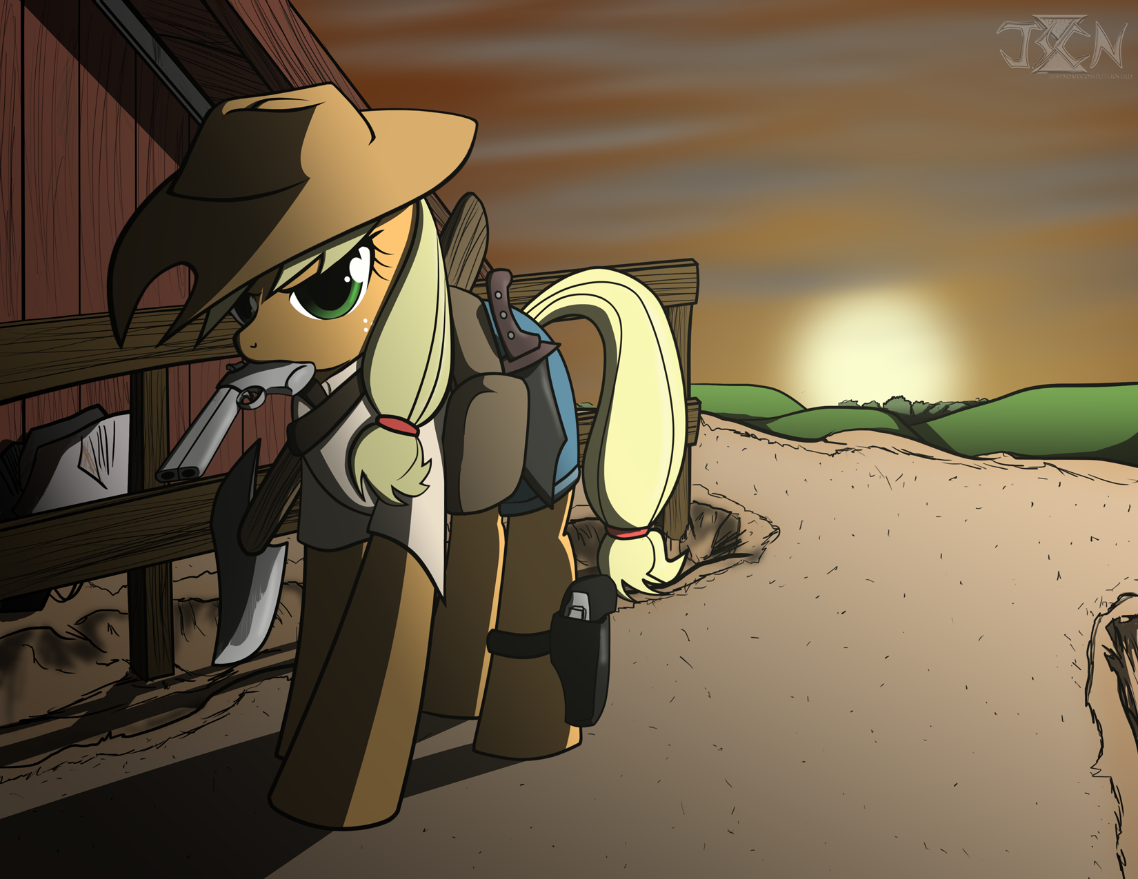 HD PC desktop wallpaper featuring Applejack from the TV show My Little Pony: Friendship Is Magic, depicted in a rural sunset setting with her signature cowboy hat.