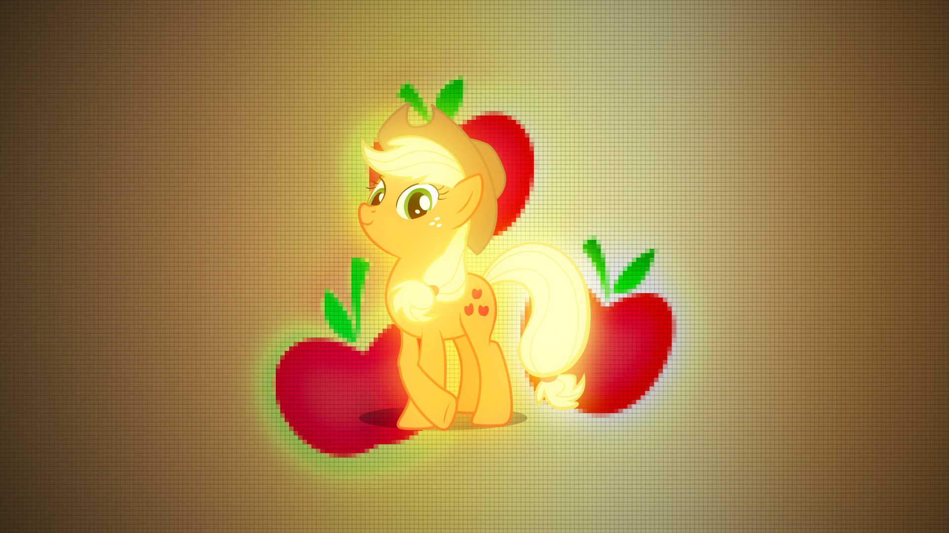 HD PC desktop wallpaper featuring Applejack from the TV show My Little Pony: Friendship Is Magic, glowing cartoon pony with apples on a warm, textured background.