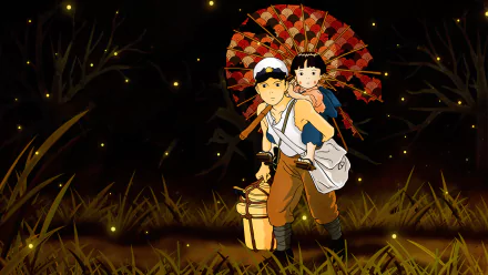 A poignant scene from Grave of the Fireflies, featuring a boy carrying his sister under a vibrant red parasol, set against a serene, grassy background filled with fireflies.
