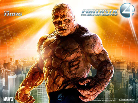 HD PC desktop wallpaper featuring The Thing from the Fantastic Four movie Fantastic 4: Rise of the Silver Surfer, set against a glowing cityscape background.