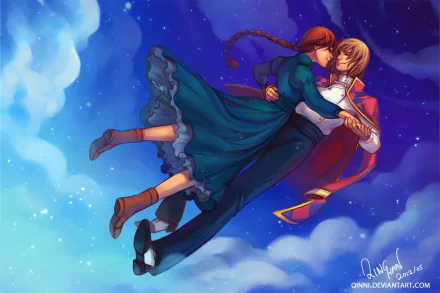 Anime HD desktop wallpaper of Howl's Moving Castle characters flying through a starry night sky, capturing a magical and romantic moment.