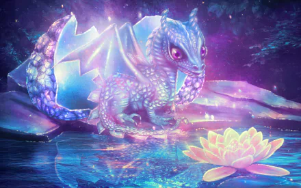 A vibrant fantasy scene depicts a mystical dragon beside a glowing lotus flower, set against a shimmering, otherworldly backdrop. An enchanting HD desktop wallpaper for dragon lovers.