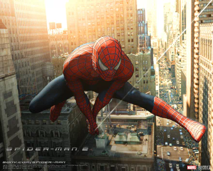A dynamic Spider-Man from the movie Spider-Man 2 swings through a vibrant cityscape, showcasing his iconic suit against a backdrop of sunlit skyscrapers.