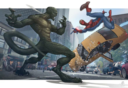 A dynamic HD comic wallpaper featuring Spider-Man swinging through the city as he faces off against a formidable lizard-like villain, with action and chaos unfolding in the urban backdrop.