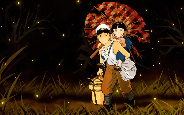 A poignant scene from Grave of the Fireflies, featuring a boy carrying his sister under a vibrant red parasol, set against a serene, grassy background filled with fireflies.