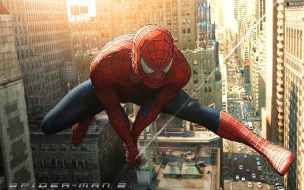 A dynamic Spider-Man from the movie Spider-Man 2 swings through a vibrant cityscape, showcasing his iconic suit against a backdrop of sunlit skyscrapers.