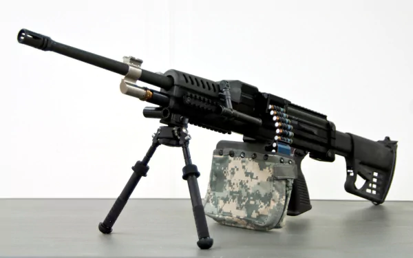 A high-definition desktop wallpaper featuring a detailed view of a man-made machine gun, showcasing its sleek design and tactical features on a clean background.