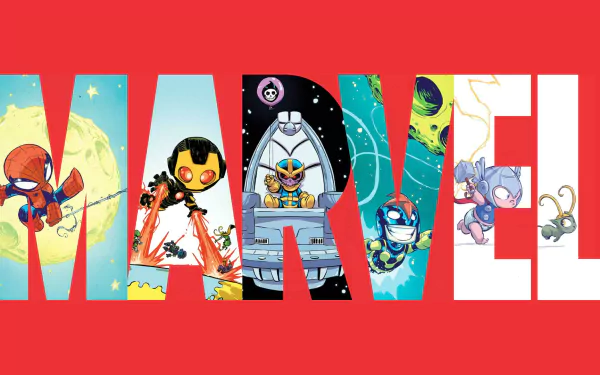 A vibrant HD desktop wallpaper featuring the Marvel logo, showcasing iconic characters like Thor, Iron Man, Spider-Man, Nova, Thanos, and Loki in a playful comic style.