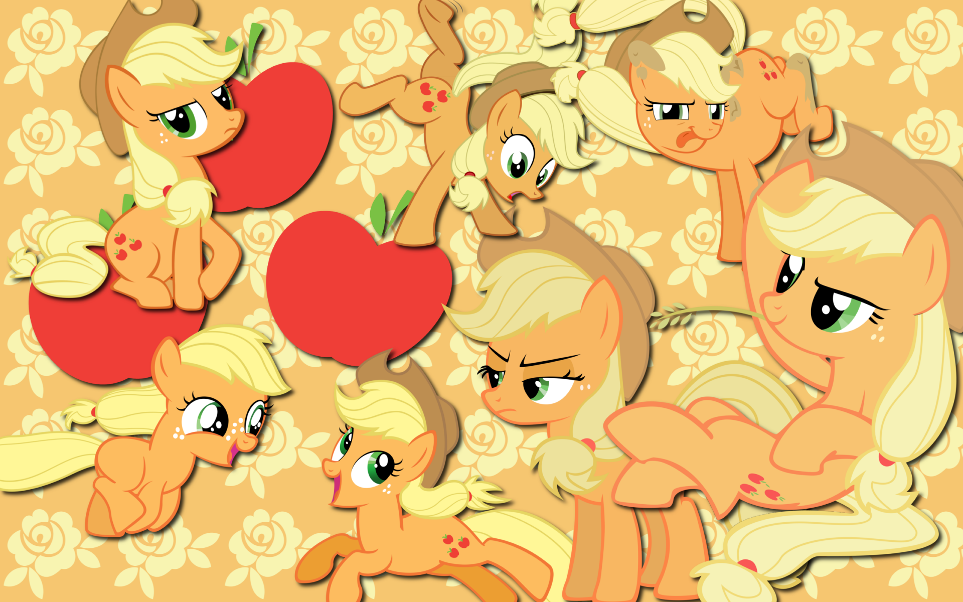 Applejack from the TV show My Little Pony: Friendship Is Magic in multiple playful poses among red apples on a yellow floral background — HD PC desktop wallpaper and background.