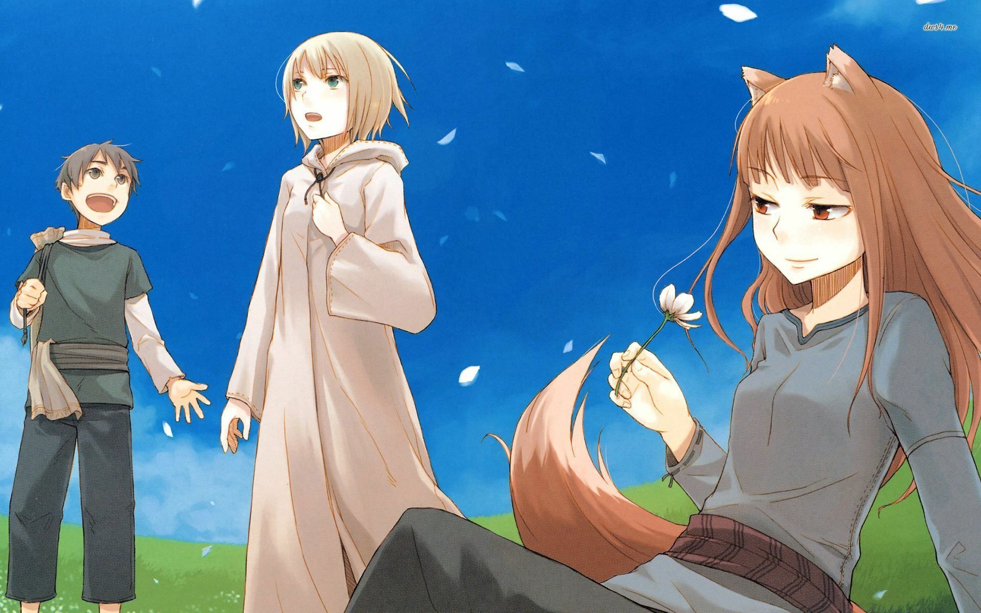 Anime-inspired HD wallpaper featuring characters from Spice and Wolf, displaying a lively outdoor scene with a girl and a boy enjoying a sunny day amid blooming flowers.