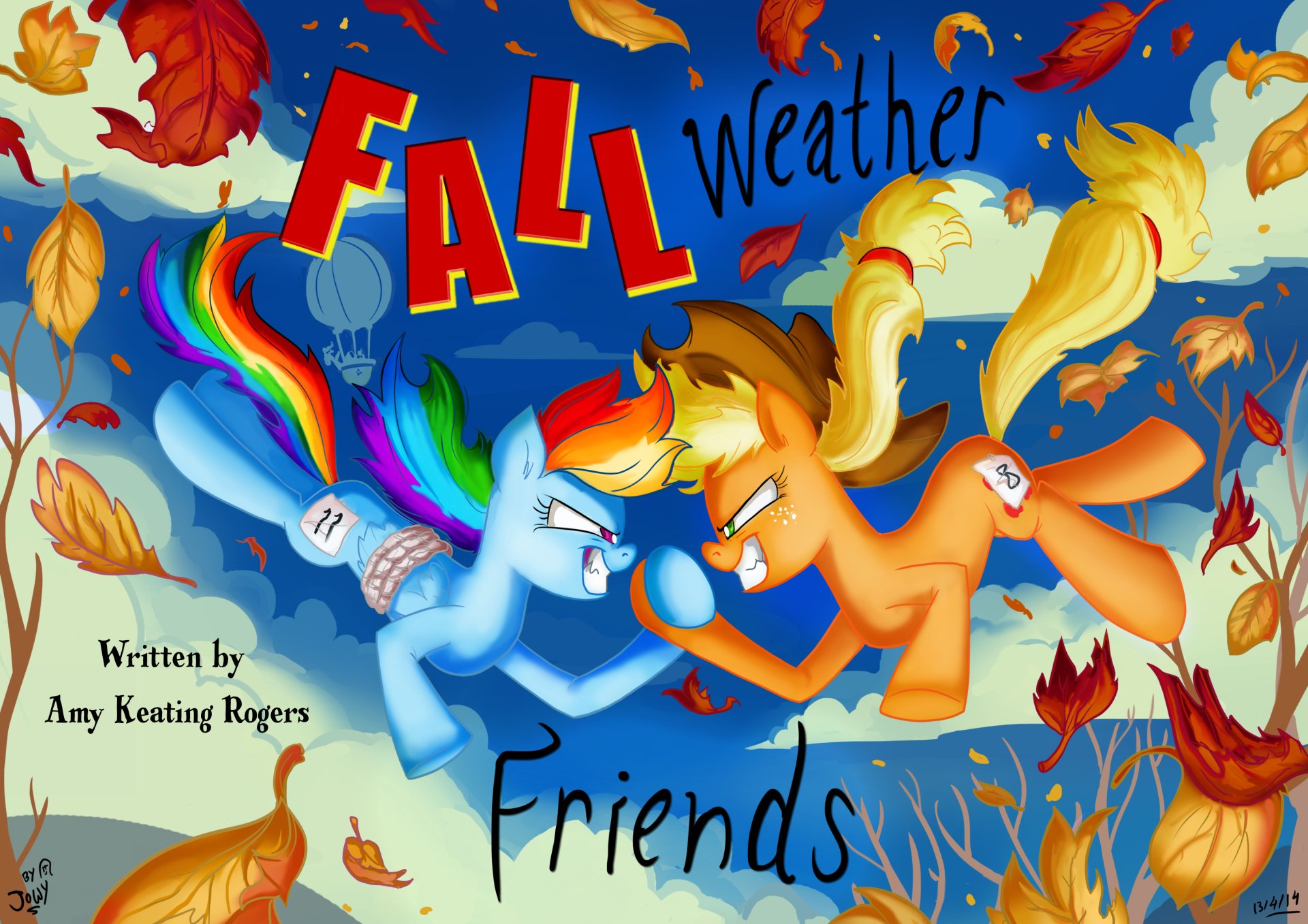 Colorful HD wallpaper featuring Rainbow Dash and Applejack from *My Little Pony: Friendship Is Magic*, showcasing their playful rivalry amidst falling leaves.