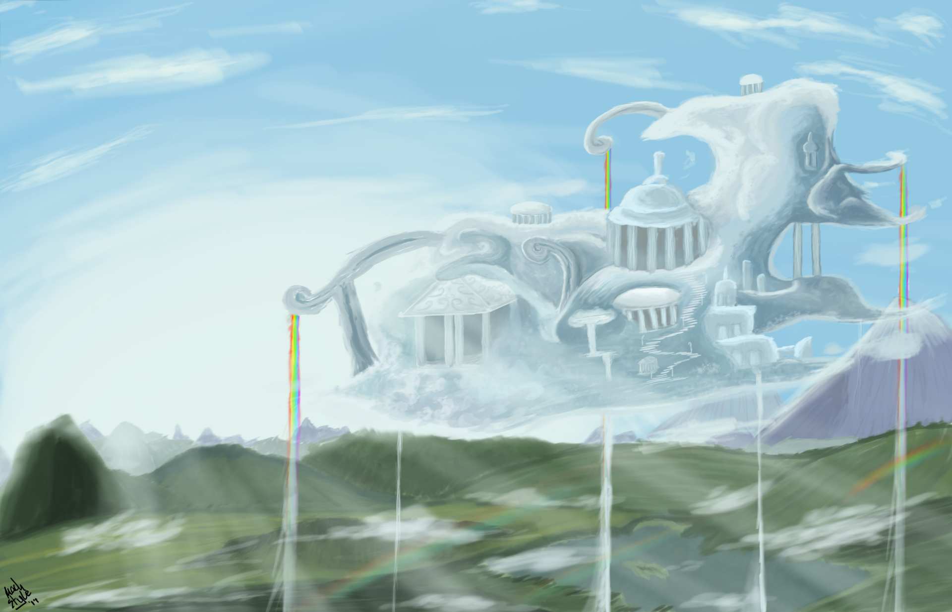 HD desktop wallpaper featuring a cloud city scene from the TV show My Little Pony: Friendship Is Magic, with soft colors and a dreamy, ethereal atmosphere.