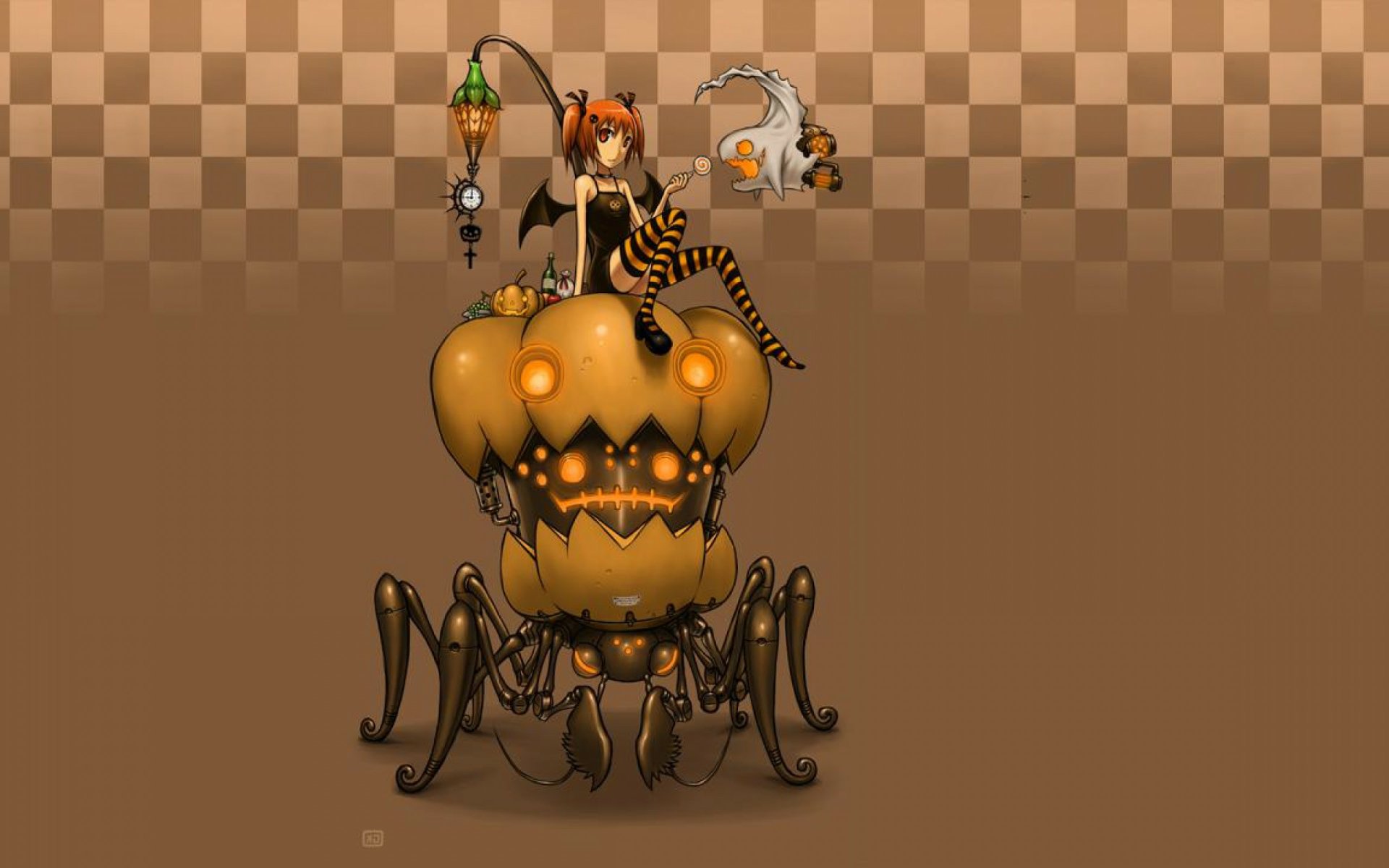 HD anime desktop wallpaper featuring a Halloween-themed character with orange hair and striped stockings, sitting atop a mechanical pumpkin spider against a checkered brown background.